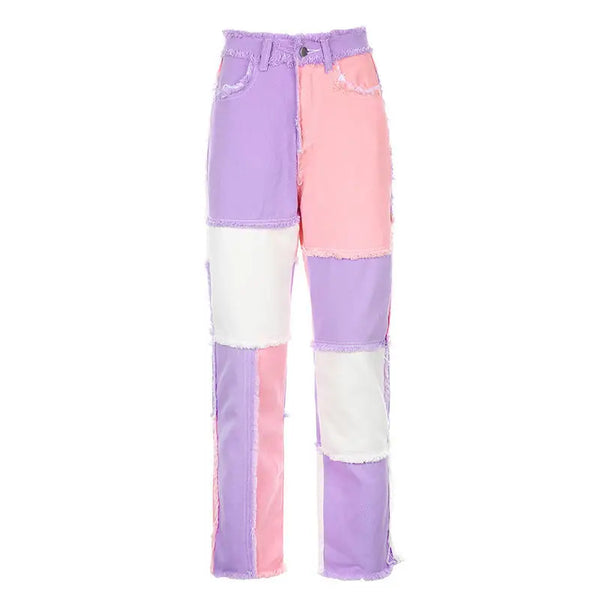 Blue, Pink And Brown Patchwork High Waist Jeans For Women