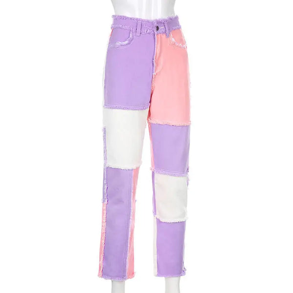 Blue, Pink And Brown Patchwork High Waist Jeans For Women