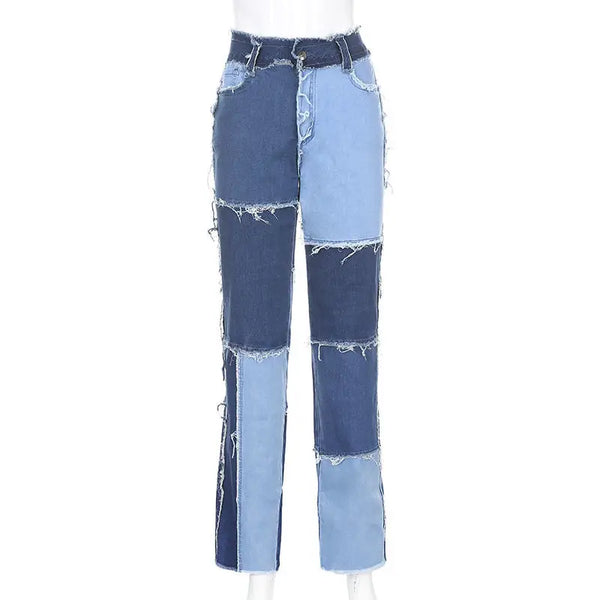 Blue, Pink And Brown Patchwork High Waist Jeans For Women