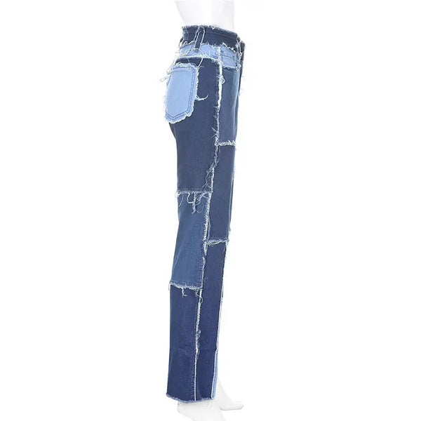 Blue, Pink And Brown Patchwork High Waist Jeans For Women