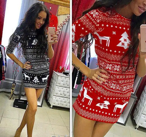 Women's Casual Christmas Party Deer Printed Floral Mini Dress