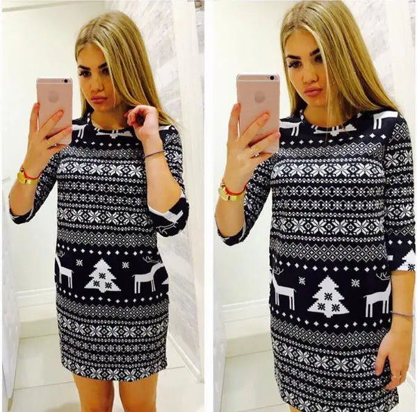 Women's Casual Christmas Party Deer Printed Floral Mini Dress