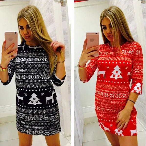 Women's Casual Christmas Party Deer Printed Floral Mini Dress