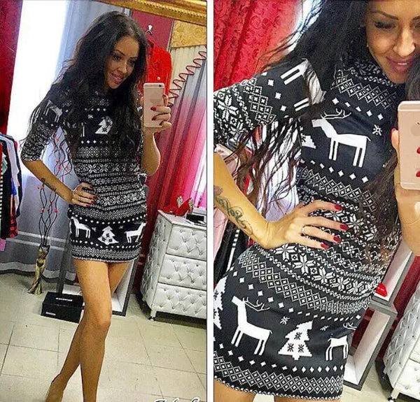 Women's Casual Christmas Party Deer Printed Floral Mini Dress