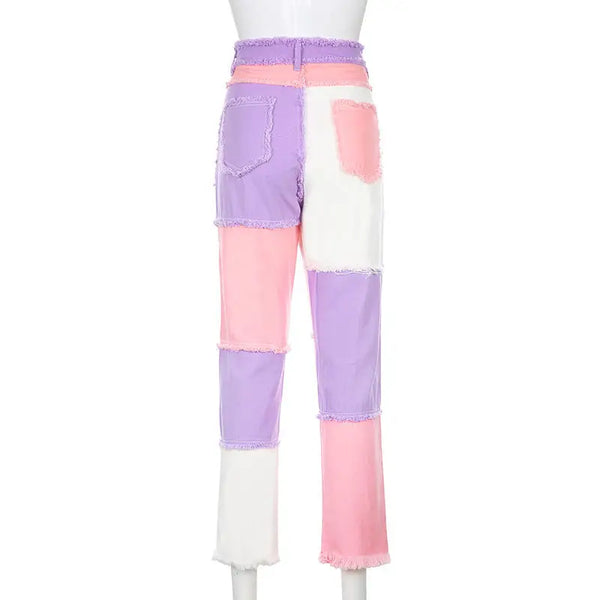 Blue, Pink And Brown Patchwork High Waist Jeans For Women