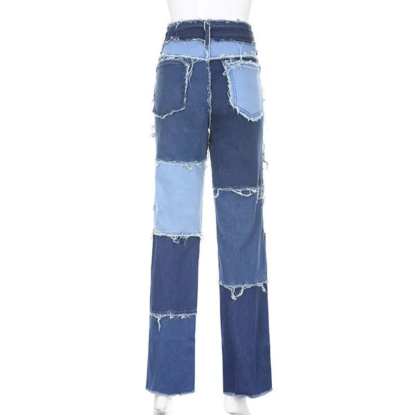 Blue, Pink And Brown Patchwork High Waist Jeans For Women