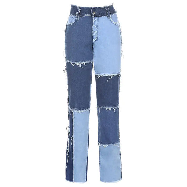 Blue, Pink And Brown Patchwork High Waist Jeans For Women