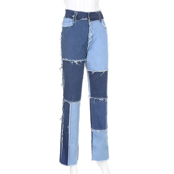 Blue, Pink And Brown Patchwork High Waist Jeans For Women