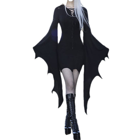 Halloween Gothic Dress for Women Lace Up V Neck Batwing Sleeve Sexy Dress