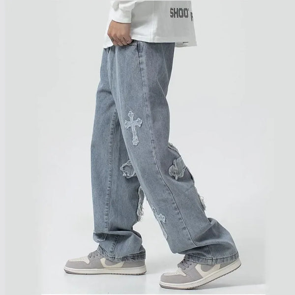 Cross Denim Pants Streetwear Hip Hop Low Rise Baggy Jeans For Men