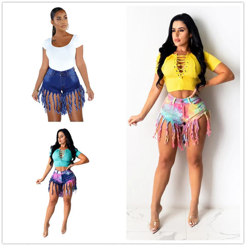 Women's Summer Tie Dye Long Tassel Denim Shorts