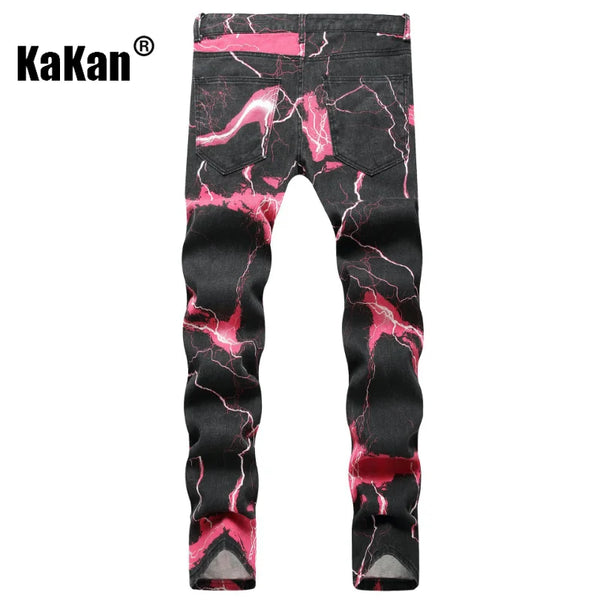 Kakan - New Lightning Printed Tie Dyed Jeans Street Trend Loose Fitting Straight Length