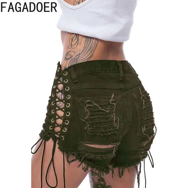 Summer Hollow Side Bandage Denim Women's High Waisted Button Pocket Shorts Fashion Cowgirl Bottoms