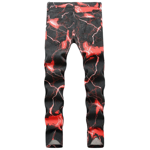 Kakan - New Lightning Printed Tie Dyed Jeans Street Trend Loose Fitting Straight Length