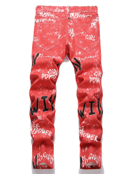 Red Letter Printed Denim Jeans For Men High Quality Pants