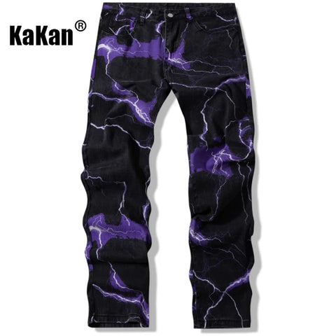 Kakan - New Lightning Printed Tie Dyed Jeans Street Trend Loose Fitting Straight Length