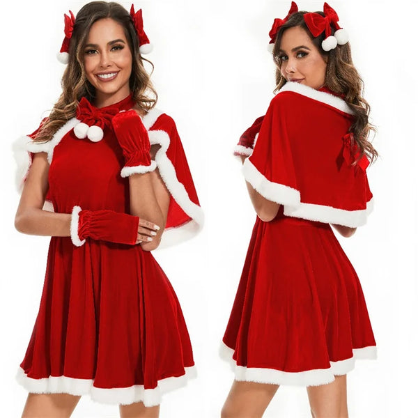 Christmas Costume Set for Women Adorable Dress with Matching Hair Clips Cape and Gloves