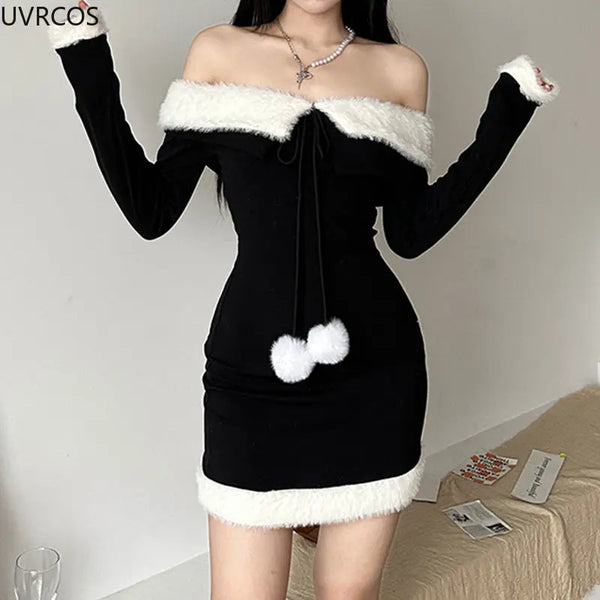 Christmas Dresses Patchwork Off Shoulder Party Mini Dress