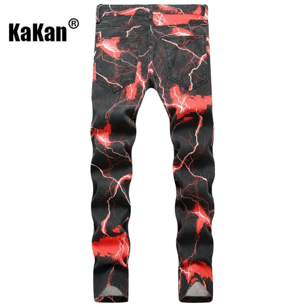 Kakan - New Lightning Printed Tie Dyed Jeans Street Trend Loose Fitting Straight Length