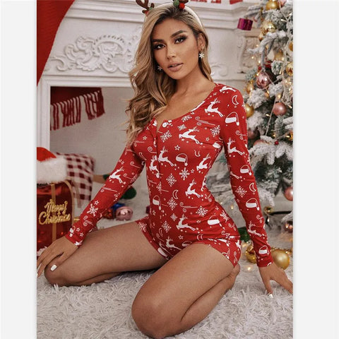 Christmas Printed Pattern Pajamas V-neck Long Sleeve Bodysuit