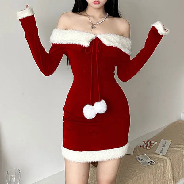 Christmas Dresses Patchwork Off Shoulder Party Mini Dress