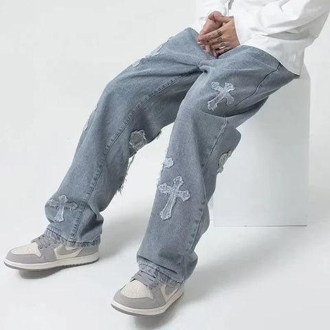 Cross Denim Pants Streetwear Hip Hop Low Rise Baggy Jeans For Men