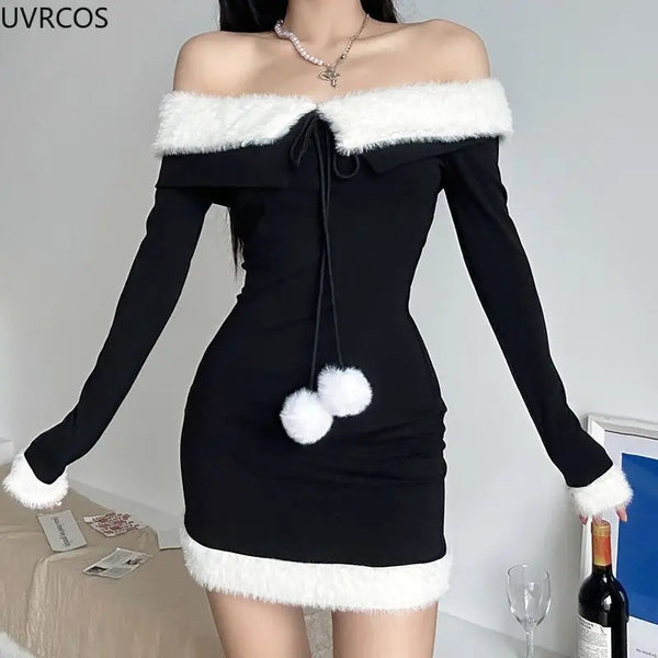 Christmas Dresses Patchwork Off Shoulder Party Mini Dress