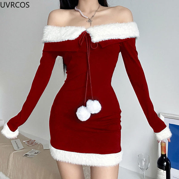 Christmas Dresses Patchwork Off Shoulder Party Mini Dress