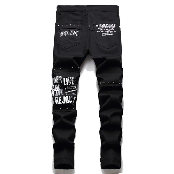 Men's Black Patchwork Stretch Denim Jeans