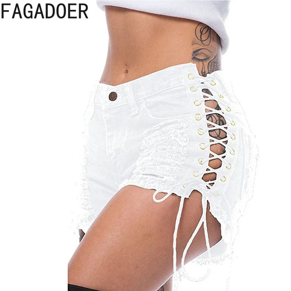 Summer Hollow Side Bandage Denim Women's High Waisted Button Pocket Shorts Fashion Cowgirl Bottoms