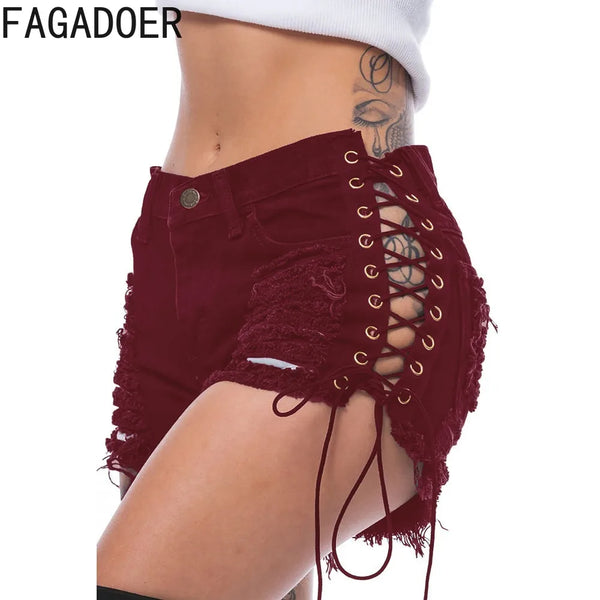 Summer Hollow Side Bandage Denim Women's High Waisted Button Pocket Shorts Fashion Cowgirl Bottoms