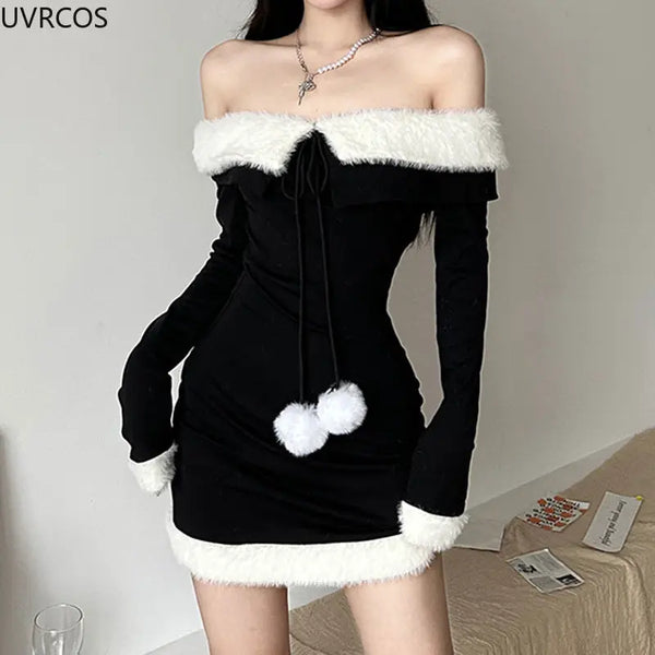 Christmas Dresses Patchwork Off Shoulder Party Mini Dress