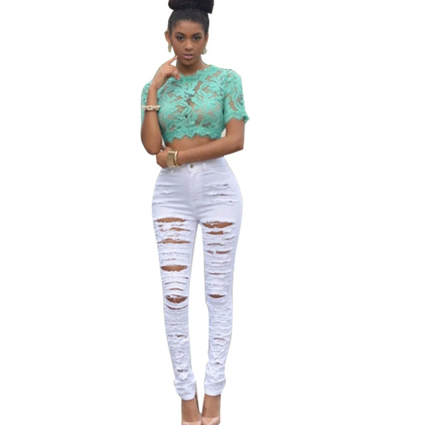 Denim High Waist Ripped Jeans for Women