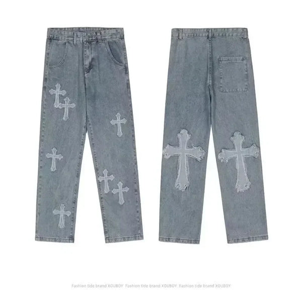 Cross Denim Pants Streetwear Hip Hop Low Rise Baggy Jeans For Men