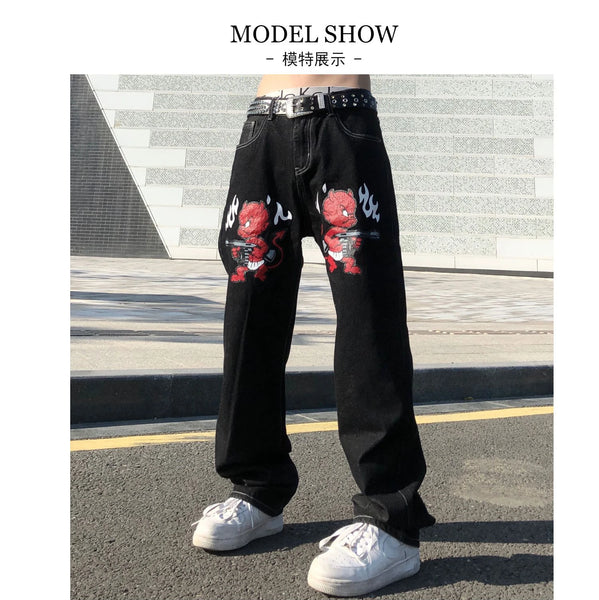 Men's Devil Printed Jeans Baggy High Street Vintage Clothes Jeans