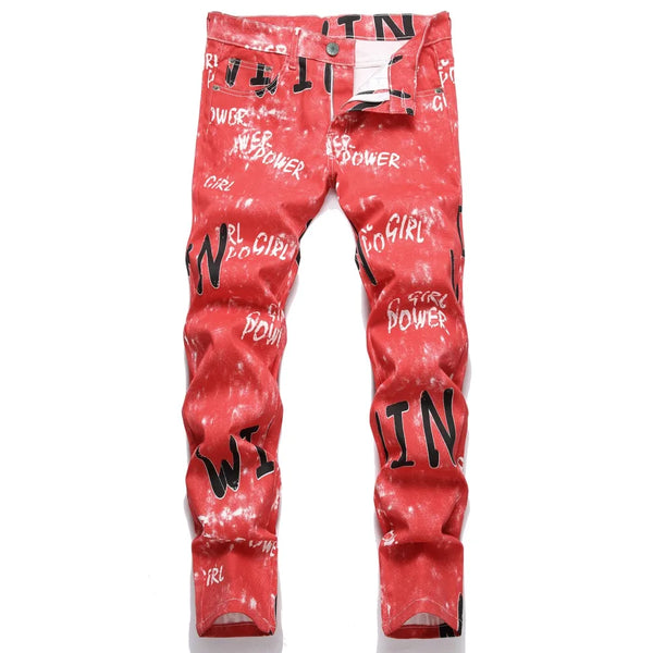 Red Letter Printed Denim Jeans For Men High Quality Pants