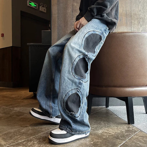 Men's Wide Leg Ripped Patchwork Denim Baggy Jeans