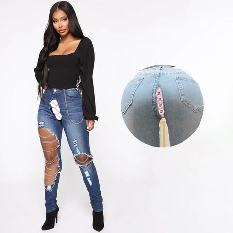 Women's Ripped Jeans With Invisible Open Crotch Zipper Design