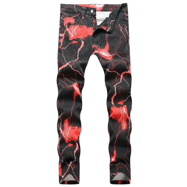 Kakan - New Lightning Printed Tie Dyed Jeans Street Trend Loose Fitting Straight Length