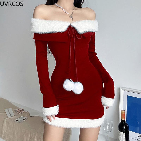 Christmas Dresses Patchwork Off Shoulder Party Mini Dress