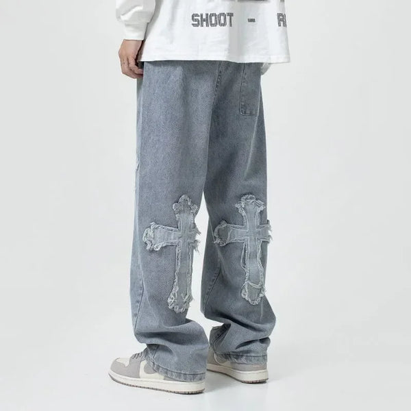 Cross Denim Pants Streetwear Hip Hop Low Rise Baggy Jeans For Men