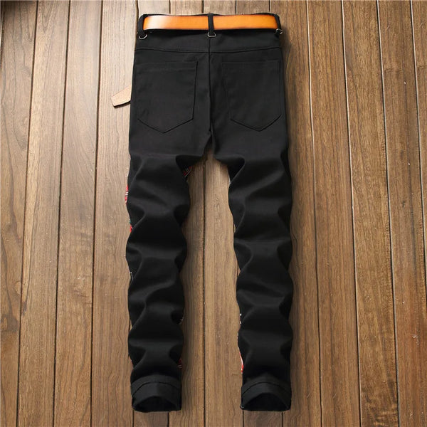 Men's Black Patchwork Stretch Denim Jeans