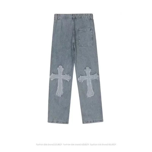 Cross Denim Pants Streetwear Hip Hop Low Rise Baggy Jeans For Men