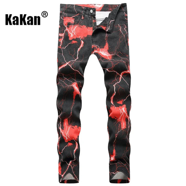 Kakan - New Lightning Printed Tie Dyed Jeans Street Trend Loose Fitting Straight Length