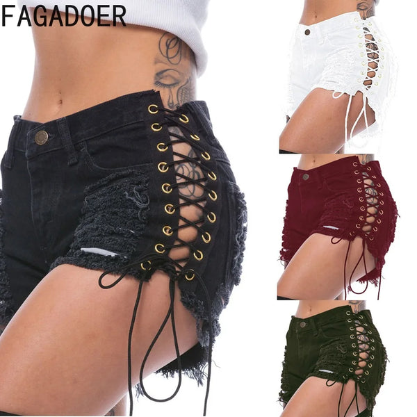 Summer Hollow Side Bandage Denim Women's High Waisted Button Pocket Shorts Fashion Cowgirl Bottoms