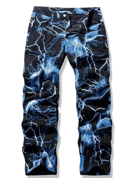 Kakan - New Lightning Printed Tie Dyed Jeans Street Trend Loose Fitting Straight Length
