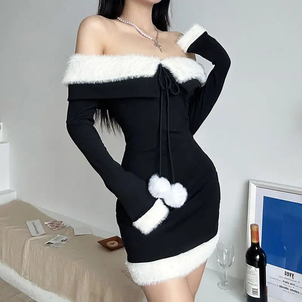 Christmas Dresses Patchwork Off Shoulder Party Mini Dress