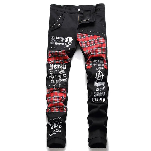 Men's Black Patchwork Stretch Denim Jeans