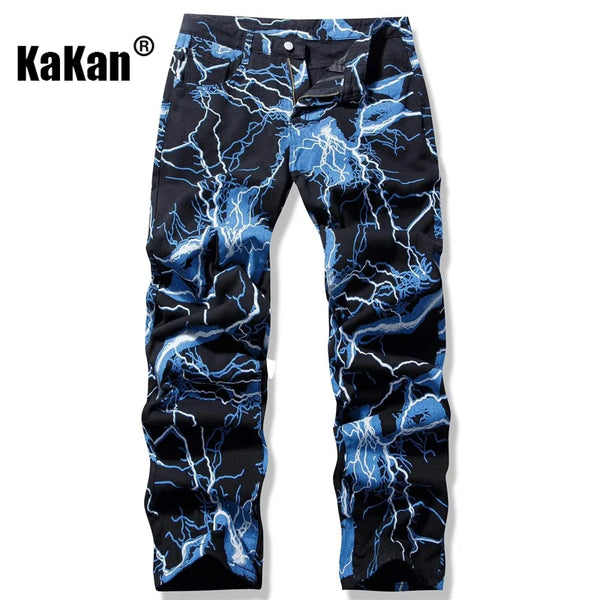 Kakan - New Lightning Printed Tie Dyed Jeans Street Trend Loose Fitting Straight Length