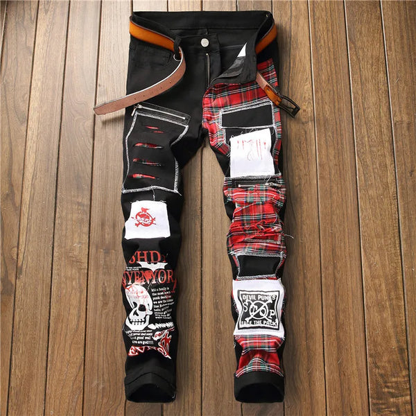 Men's Black Patchwork Stretch Denim Jeans